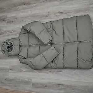 H&M long puffer coat with hood dark khaki women's m